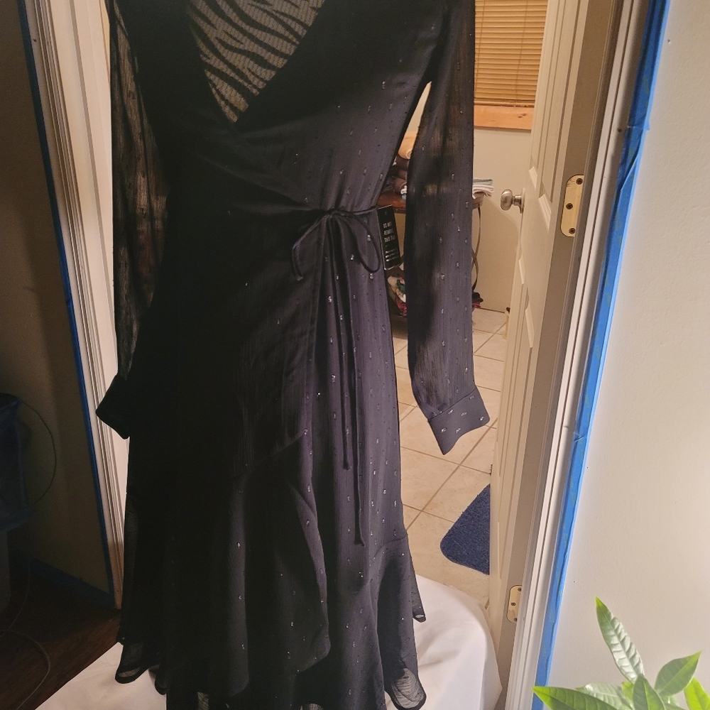 Brand New black dot sheer A line midi dress with waist tie and ruffled bottom